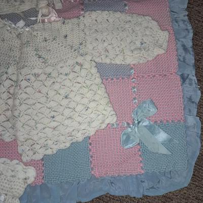 Vintage crochet Baby dresses booties and bonnets with knitted vintage blanket