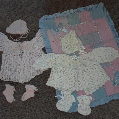 Vintage crochet Baby dresses booties and bonnets with knitted vintage blanket