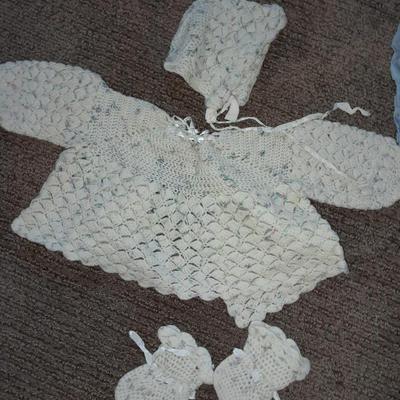 Vintage crochet Baby dresses booties and bonnets with knitted vintage blanket