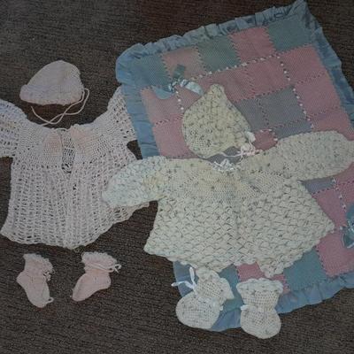 Vintage crochet Baby dresses booties and bonnets with knitted vintage blanket
