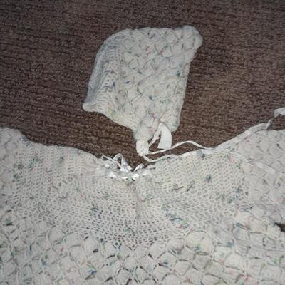 Vintage crochet Baby dresses booties and bonnets with knitted vintage blanket