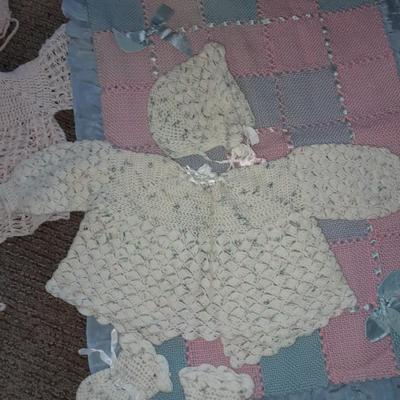 Vintage crochet Baby dresses booties and bonnets with knitted vintage blanket