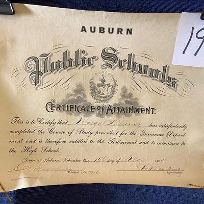 1904 Auburn Nebraska Certificate of Attendance