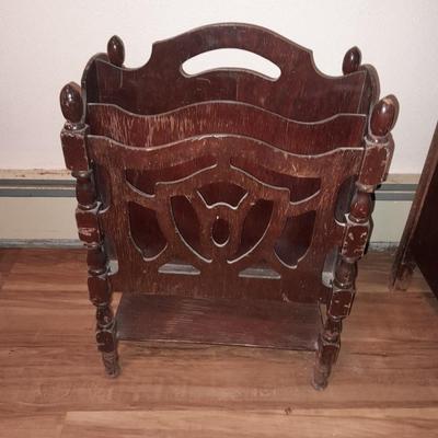 Antique solid wood Mid Century wooden magazine rack
