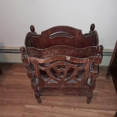Antique solid wood Mid Century wooden magazine rack