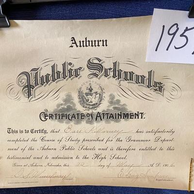 1906 Auburn Nebraska Certificate of Attendance