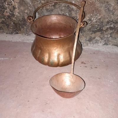Vintage Copper Cachepot or Bucket with Handle and copper ladle
