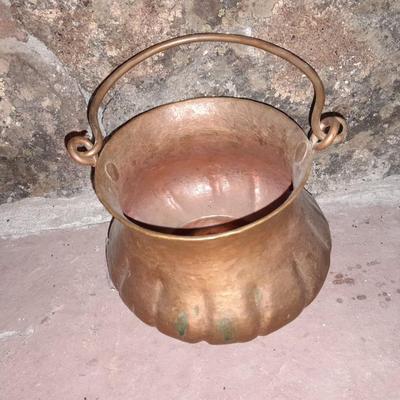 Vintage Copper Cachepot or Bucket with Handle and copper ladle