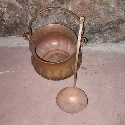 Vintage Copper Cachepot or Bucket with Handle and copper ladle