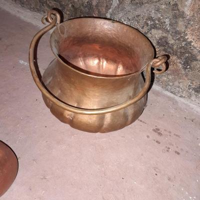 Vintage Copper Cachepot or Bucket with Handle and copper ladle