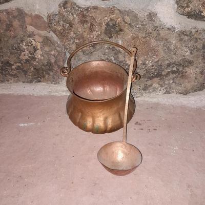 Vintage Copper Cachepot or Bucket with Handle and copper ladle