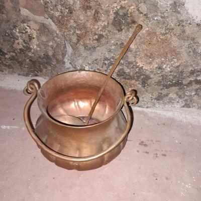 Vintage Copper Cachepot or Bucket with Handle and copper ladle