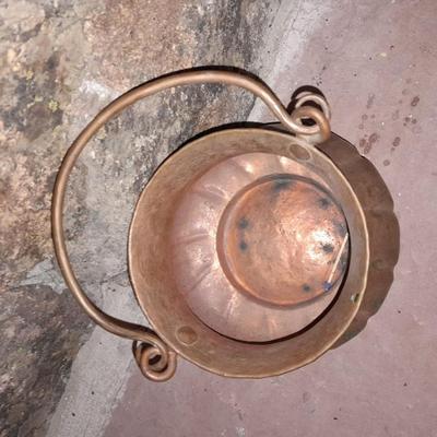 Vintage Copper Cachepot or Bucket with Handle and copper ladle