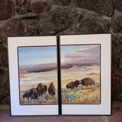 SIGNED Bd Durr Split frame original watercolor "Last of the Big herds - " 27" x 30" Buffalo