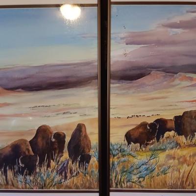 SIGNED Bd Durr Split frame original watercolor "Last of the Big herds - " 27" x 30" Buffalo