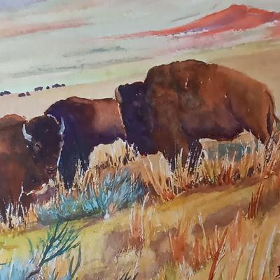 SIGNED Bd Durr Split frame original watercolor "Last of the Big herds - " 27" x 30" Buffalo