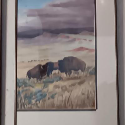 SIGNED Bd Durr Split frame original watercolor "Last of the Big herds - " 27" x 30" Buffalo