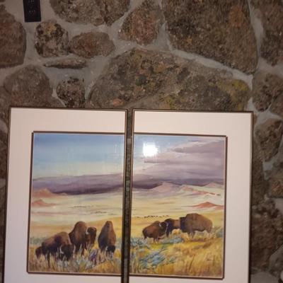 SIGNED Bd Durr Split frame original watercolor "Last of the Big herds - " 27" x 30" Buffalo