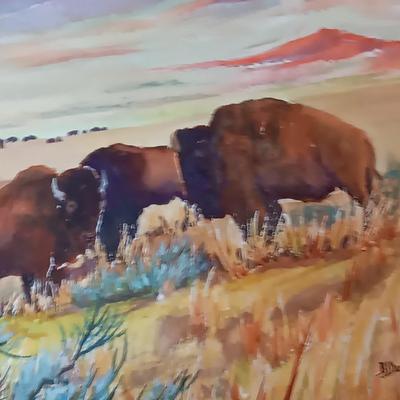 SIGNED Bd Durr Split frame original watercolor "Last of the Big herds - " 27" x 30" Buffalo