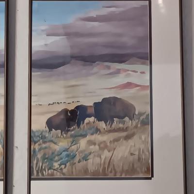 SIGNED Bd Durr Split frame original watercolor "Last of the Big herds - " 27" x 30" Buffalo