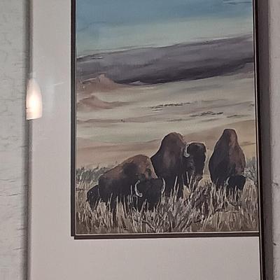 SIGNED Bd Durr Split frame original watercolor "Last of the Big herds - " 27" x 30" Buffalo