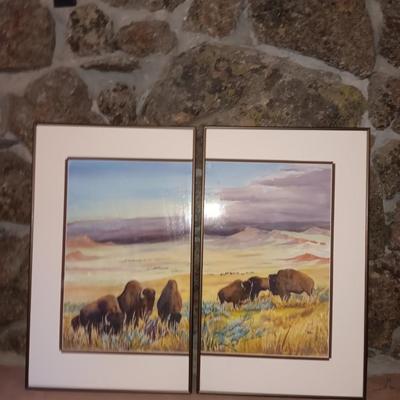 SIGNED Bd Durr Split frame original watercolor "Last of the Big herds - " 27" x 30" Buffalo