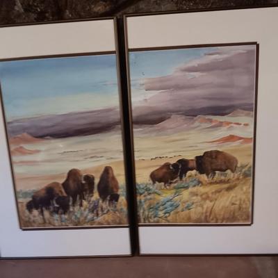 SIGNED Bd Durr Split frame original watercolor "Last of the Big herds - " 27" x 30" Buffalo