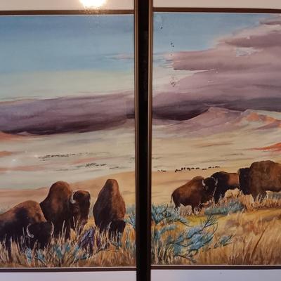 SIGNED Bd Durr Split frame original watercolor "Last of the Big herds - " 27" x 30" Buffalo
