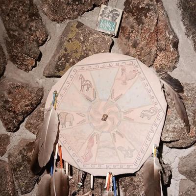 15" Animal Shield with feathers - bones - teeth - and stone bird