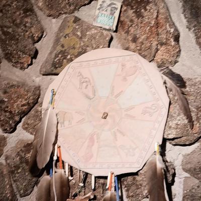 15" Animal Shield with feathers - bones - teeth - and stone bird