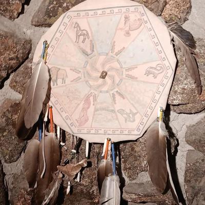 15" Animal Shield with feathers - bones - teeth - and stone bird