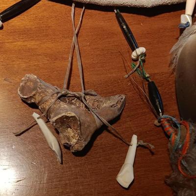 15" Animal Shield with feathers - bones - teeth - and stone bird