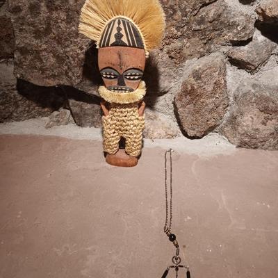 Signed Ancestral Spirit South African Teak Wood Carved Statue Man with Necklace