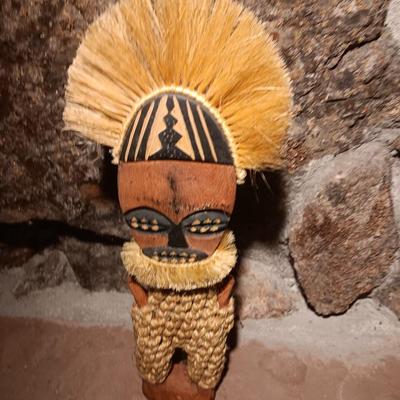 Signed Ancestral Spirit South African Teak Wood Carved Statue Man with Necklace