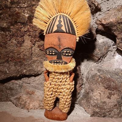 Signed Ancestral Spirit South African Teak Wood Carved Statue Man with Necklace
