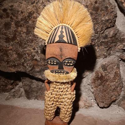 Signed Ancestral Spirit South African Teak Wood Carved Statue Man with Necklace