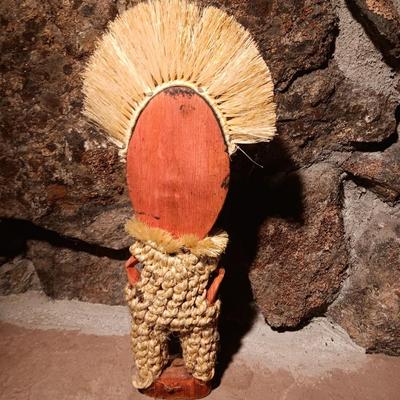 Signed Ancestral Spirit South African Teak Wood Carved Statue Man with Necklace