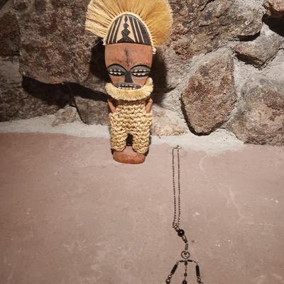 Signed Ancestral Spirit South African Teak Wood Carved Statue Man with Necklace