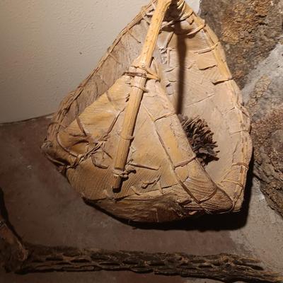 Vintage American Indian homemade large and small basket Bark / lite wood with antler and more