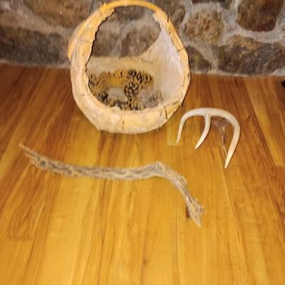 Vintage American Indian homemade large and small basket Bark / lite wood with antler and more