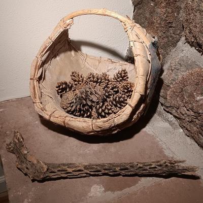 Vintage American Indian homemade large and small basket Bark / lite wood with antler and more