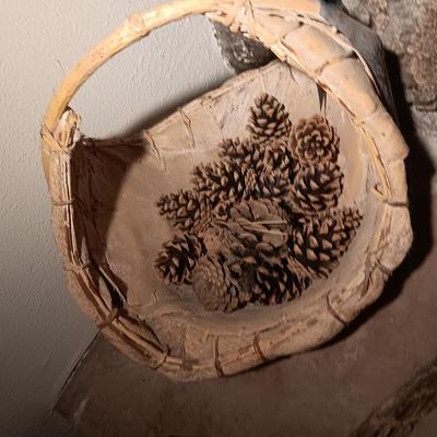 Vintage American Indian homemade large and small basket Bark / lite wood with antler and more