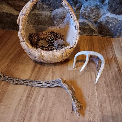 Vintage American Indian homemade large and small basket Bark / lite wood with antler and more