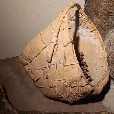 Vintage American Indian homemade large and small basket Bark / lite wood with antler and more