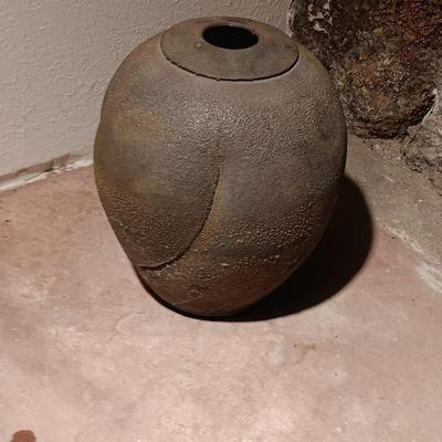 Vintage pottery vase moon jar shaped Signed on base.