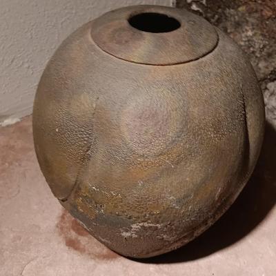 Vintage pottery vase moon jar shaped Signed on base.