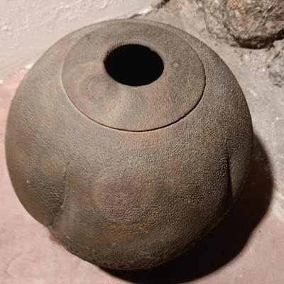 Vintage pottery vase moon jar shaped Signed on base.
