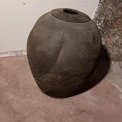 Vintage pottery vase moon jar shaped Signed on base.