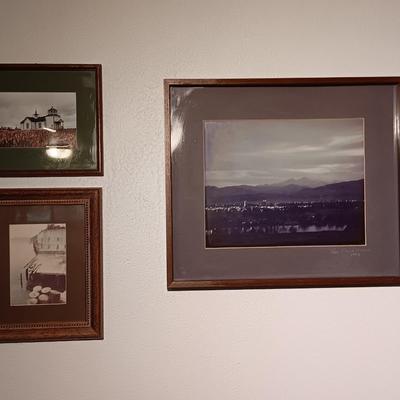 Three framed photographs one of fort Collins, Colorado skyline