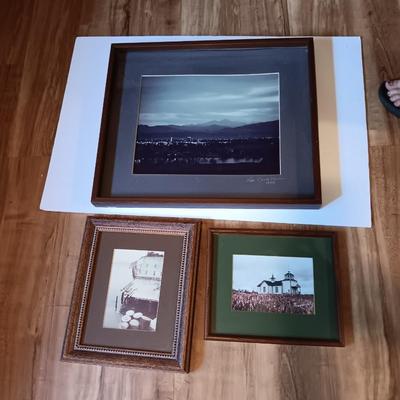 Three framed photographs one of fort Collins, Colorado skyline